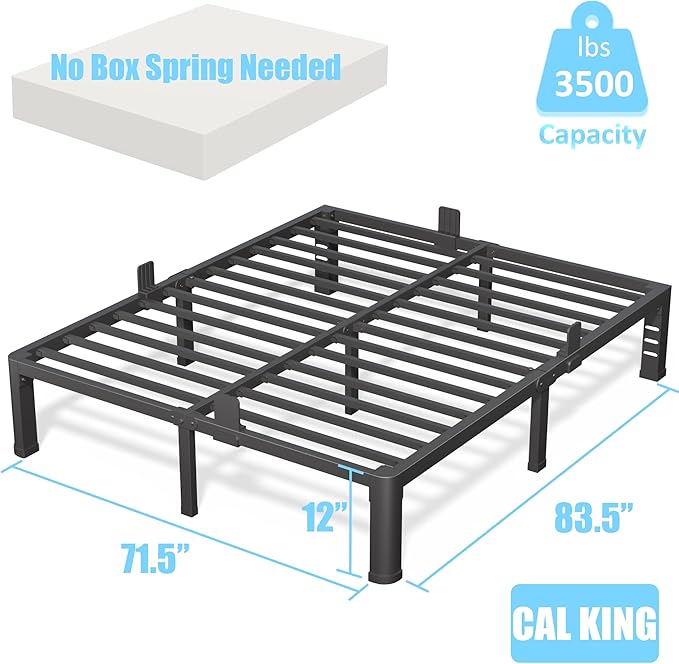 12 Inch California King Bed Frame with Rounded Corner and Headboard Hole Mattress Retainers 3500 LBS Metal Heavy Duty Steel Slats Support No Box Spring Needed Platform Noise Free Easy Assembly