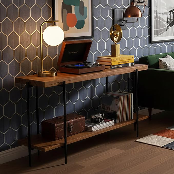 31.5” Console Table Narrow for Entryway with 2 Tier Storage Shelves, Solid Wood Industrial Entrance Sofa Table Behind Couch for Hallway, Foyer, Living Room(47.2"x11.8"x31.5")