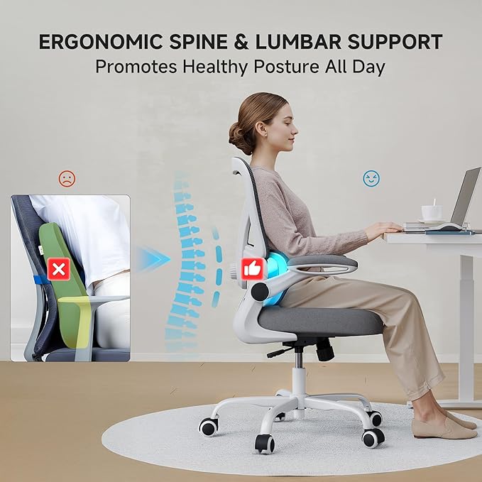 Office Chair with Adjustable Lumbar Support, 330 LBS Home Office Desk Chair with Flip-up Armrests, Mesh Computer Chair for Long Day Use, White and Gray