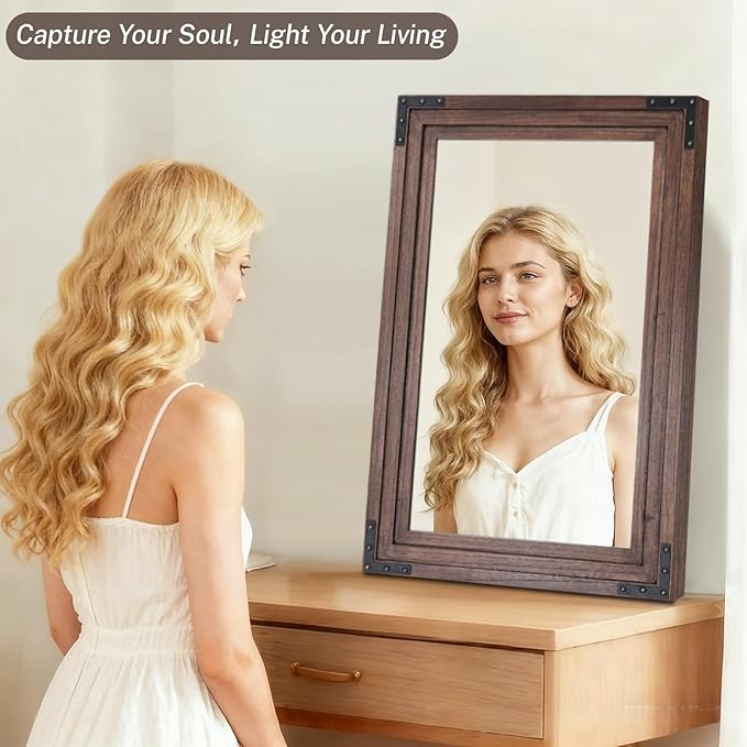 Full Length Mirror 30"x20" Solid Wood Frame Floor Standing Mirror, Hanging or Leaning Wall-Mounted for Living Room, Bedroom, Brown