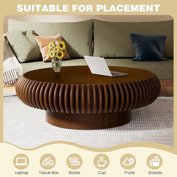 Fluted Round Coffee Table for Living Room 39.37" Modern Drum Coffee Table Mid Century Handcrafted Circle Wood Center Tables with Pedestal for Small Space Apartment (Walnut)