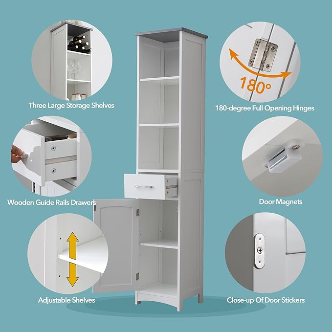 Tall Bathroom Storage Cabinet - 13" Narrow Slim Cabinet with Adjustable Shelves & Anti-Fall Drawers, Freestanding Linen Closet Organizer (Matte White & Grey Top, 64" Tall Cabinet with Doors)