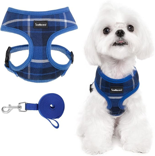 SCENEREAL Puppy Dog Harness with Leash Set for Small Medium Sized Dogs, Soft Mesh Step in Pet Harnesses and Leash, No Chock Plaid Adjustible No Pull Vest for Dogs Cats, Chihuahua,Bulldog (Blue S)