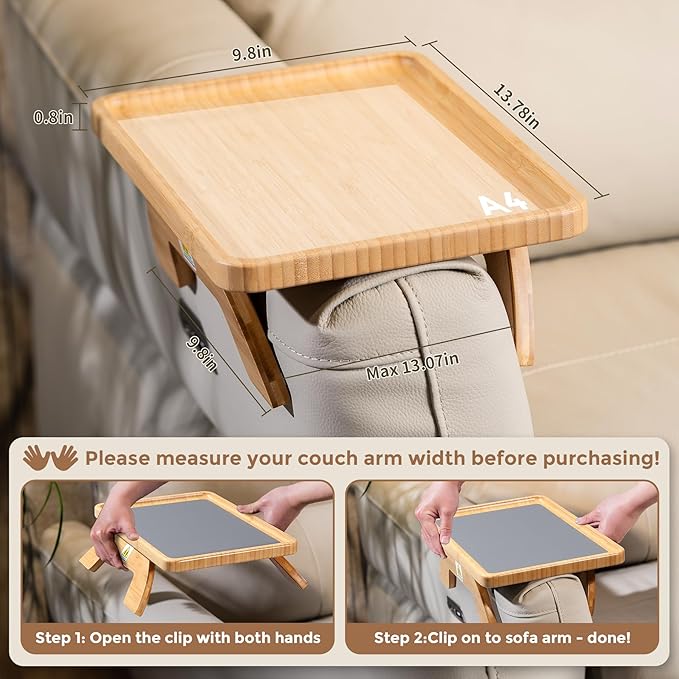 Couch Armrest Table, Foldable Bamboo Sofa Arm Tray for Couch with a Non-Slip Pad, Clip On Couch Arm Table for Remotes/Eatting/Drinks, Fits Sofa Armrest 3.5"-13.5" Natural