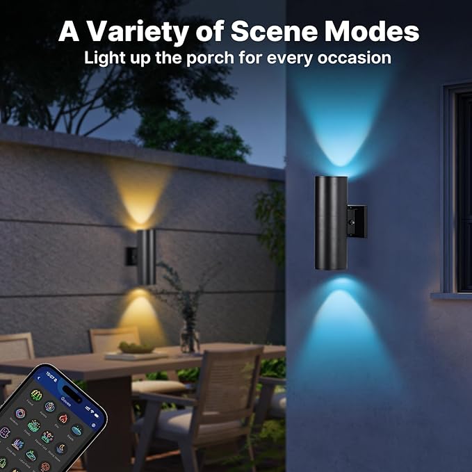 RGBCW Outdoor Wall Light 4 Pack, Smart Porch Light Dusk to Dawn Lighting with Remote Control, WiFi Outdoor Wall Sconce, Compatible with Alexa, Exterior Lights for House Porch Garage