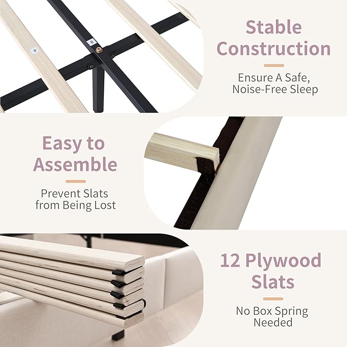 Queen Size Upholstered Platform Bed Frame with Modern Wingback & Vertical Panel Headboard, Linen Fabric, Wooden Legs & Slats Support, No Box Spring Needed, Noise-Free & Easy Assembly, Beige