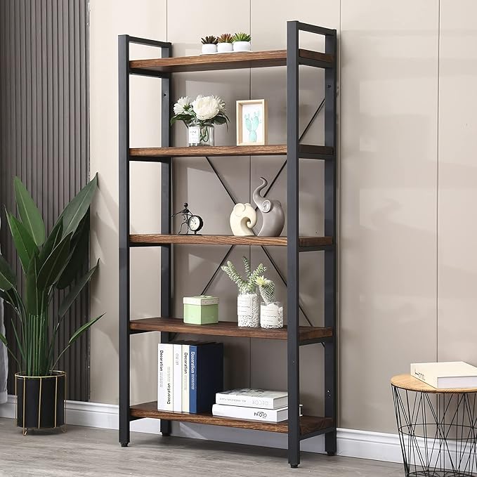 5 Tier Bookcase, Solid Wood Bookshelf Rustic Vintage Industrial Etagere Bookcase, Metal and Wood Free Vintage Bookshelf, Retro Brown (5-Tiers)