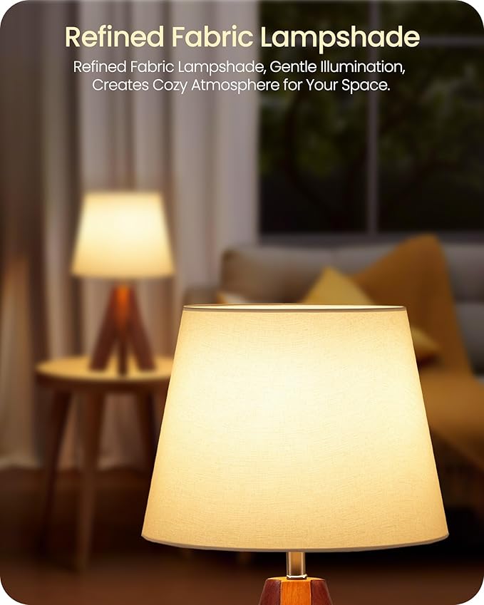 Tripod Table Lamp, Small Bedside Lamp with White Fabric Shade & Dark Wood Base, Modern Nightstand Lamp, Little Cute Desk Lamp for Bedroom, Kids Room, Living Room, Office, Study, LW51TL05