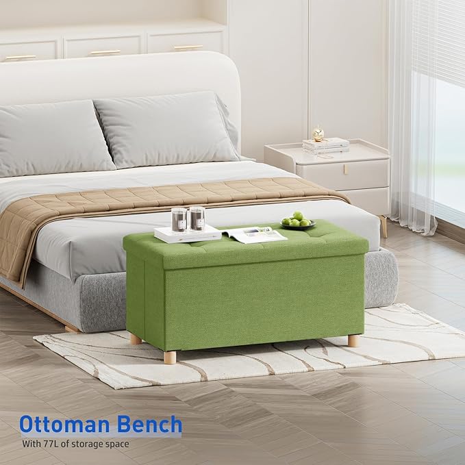 BRIAN & DANY 30 Inches Folding Storage Ottoman Bench, Ottoman with Storage Bench for Bedroom, Living Room, Entryway, Foot Rest with Legs, Bright Green