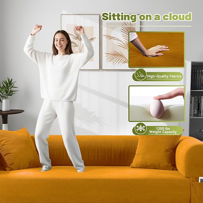 Convertible Futon Sofa Bed,80" Folding Pull Out Couch with Pillows & Storage Pocket, Oversized Queen Sleeper Sofa in a Box,Corduroy Boneless Couch for Living Room,Yellow