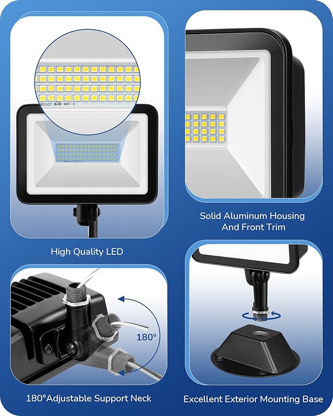EDISHINE 46W Flood Light, 6800LM LED Flood Light Outdoor, IP65 Waterproof, 5000K LED Security Lights for Backyard, Flagpole, Garage, UL Listed