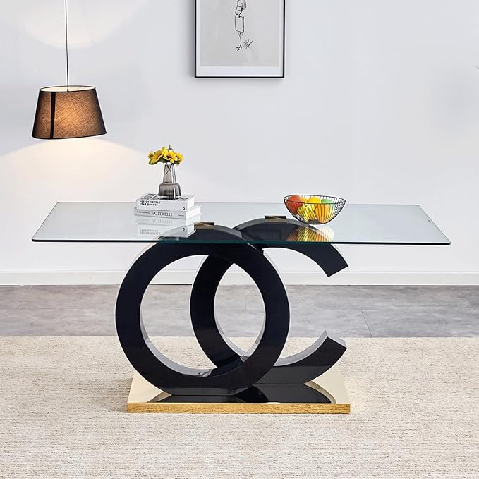 gopop 63'' Glass Dining Table, Modern Kitchen Table, Clear Glass Dining Table with Black Unique Design Leg and Gold Metal Base.(Only Table)