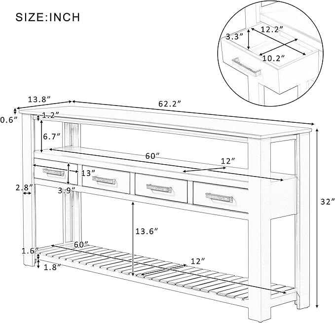 Modern 62'' Console Table Sofa Entryway Table with 4 Drawers and 2 Shelves, Acacia Wood Kitchen Buffet Cabinet Sideboard, Accent Table Furniture for Entryway Kitchen Living Room (Black-4DE)