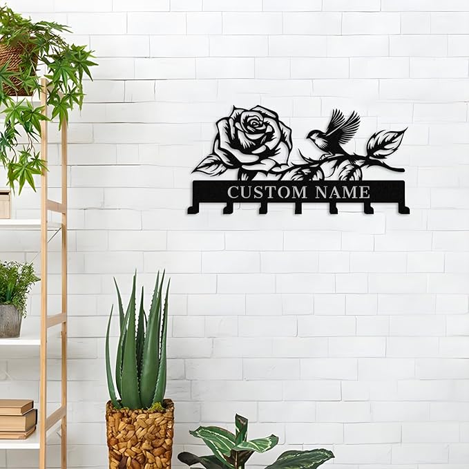 Custom Flower Bird Metal Wall Key Hanger,Personalized Key Hooks with Name,Key Rack Holder Wall Mount for Garden Yard Home,Housewarming Gift Flower