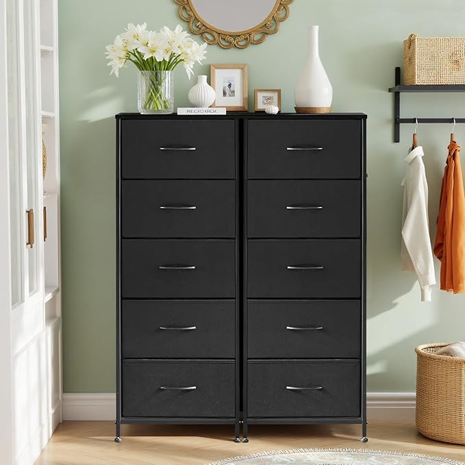 Nightstand, 5 Drawer Dresser End Table Bedside Furniture with Wooden Top Steel Frame Fabric Bins for Bedroom, Closet, Entryway, Dorm, Living Room, Black