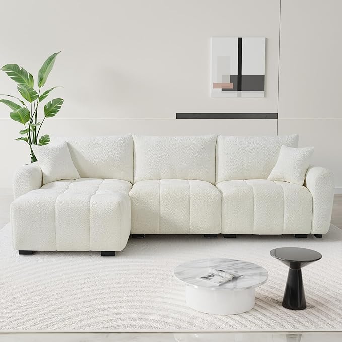110" L Shaped Modern Boucle Sofa Modular Sectional Cloud Couch with Ottoman, Tufted 4-Seat Deep Seat Sofa with Pillows for Living Room, Bedroom and Apartment, Beige White