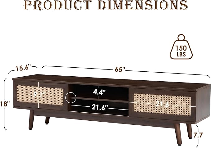 65" TV Stand with Open Shelf & Generous Storage, Rattan-Door Sideboard for TVs up to 75 Inch, Modern Accent Cabinet for Living Room, Dark Walnut