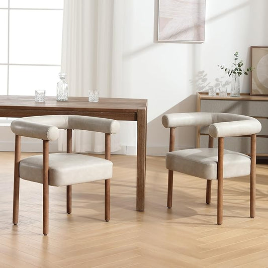 Mid-Century Modern Dining Chairs Set of 2, Armrest Barrel Dining Chairs Side Accent Chairs with Curved Back, Upholstered Wood Armchairs for Kitchen, PU Leather Grey