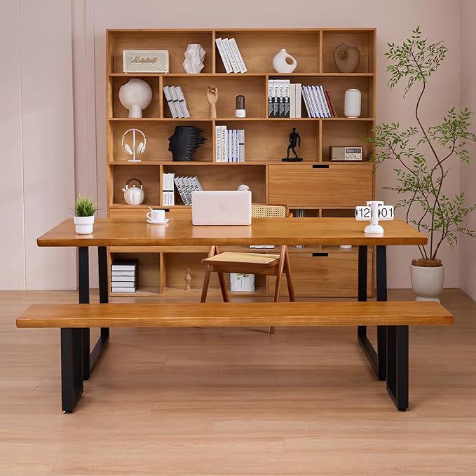 Solid Wood Administrative Computer Desk - Rustic Style Large Office Desk, Modern Minimalist Workstation for Home, Ideal for Learning, Writing, and Professional Use (Dark Yellow, 70.87in)