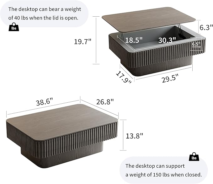 38.6" Lift Top Coffee Table with Storage, Fluted Coffee Table with Solid Wood Veneered, Mid Century Modern Wooden Center Table, Accent Tea Table for Living Room Apartment, Grey