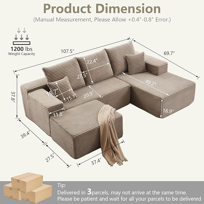 107" U-Shape Cloud Couch, Modern Modular Sectional Comfy L-Shape Sofa with Ottoman, Deep Seat, Upholstered Corduroy Sleeper Chaise Longue for Living Room Bedroom, No Assembly Required, Camel