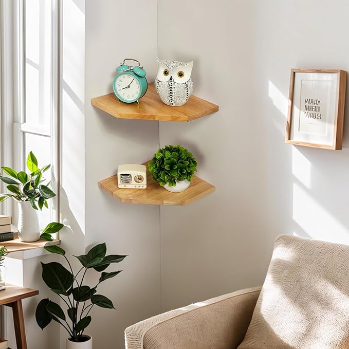 Corner Wall Shelves, Corner Floating Shelves Set of 2 Solid Oak Wood Display Shelf with Wire Hole Small Plant for Kitchen Living Room Natural