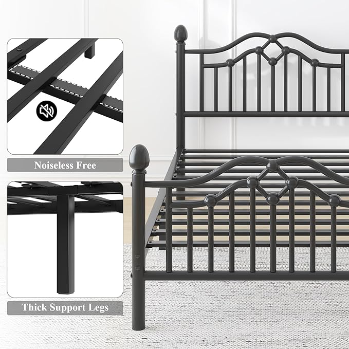 Twin Metal Platform Bed Frame for Kids, Bed Frame with Victorian Headboard and Footboard, Strong Metal Slats Support, No Box Spring Needed, Easy Assembly, Noise Free, Black