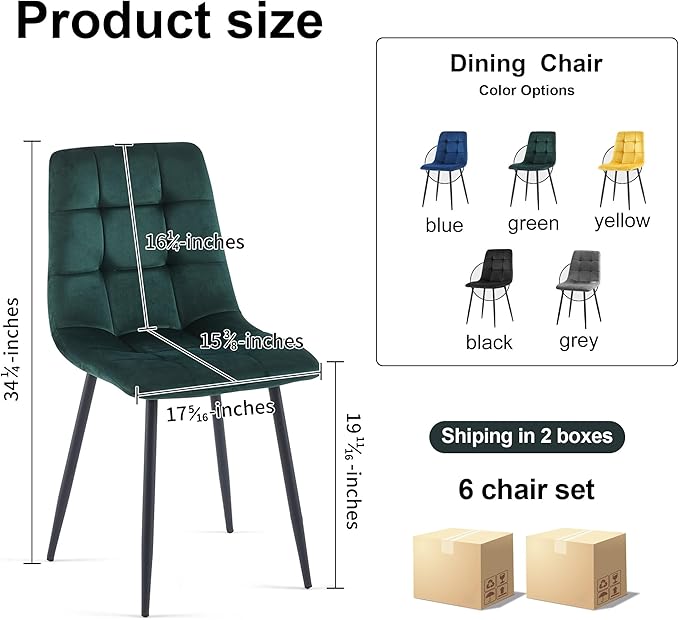 NORDICANA Forest Green Velvet Dinner Chairs Set of 6, Modern Armless Biscuit Tufted Dining Side Chairs with Metal Legs for Kitchen Living Room Vanity