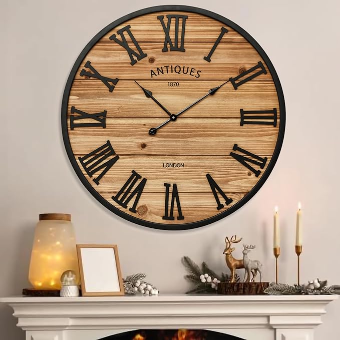 30 Inch Farmhouse Wall Clock - Large Rustic Wood, Silent Sweep, Battery Operated for Living Room Kitchen Office, Brown