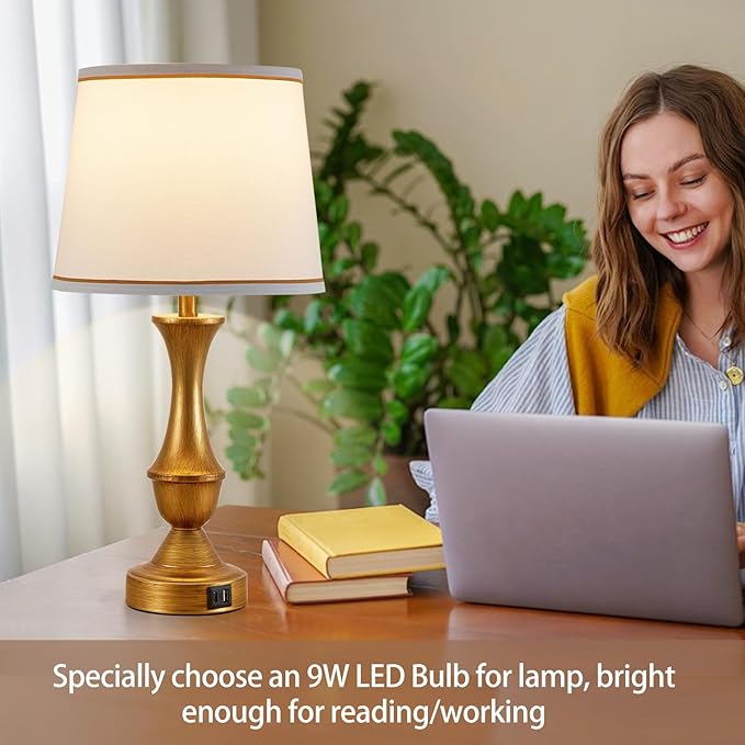 Luvkczc Gold Touch Table Lamps Set of 2, 22" Bedside Lamps with USB C+A Ports,Dimmable Nightstand Lamps with White Lampshade,Table Lamps for Bedroom Living Room Bedroom Office, Bulbs Included