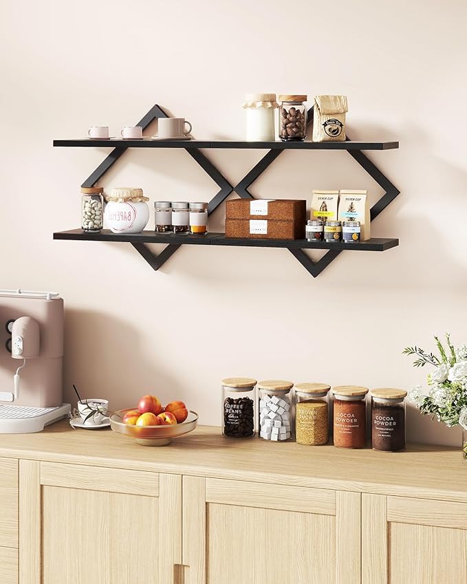 IBUYKE Floating Shelves,15 Inch Wall Shelf Set of 2,Wall Mounted Shelves,2 Tier Hanging Decorative Storage Shelf for Living Room, Bedroom, Bathroom, Kitchen TFS003B-2