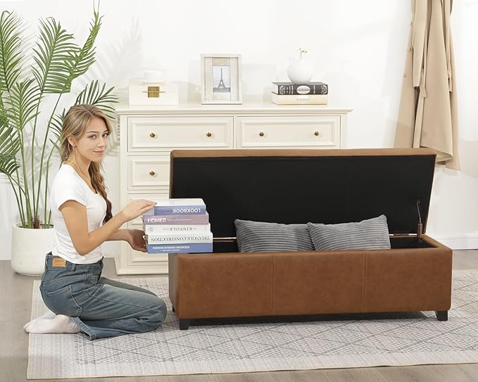 Joveco 47 Inch Storage Ottoman Bench,Tufted Leather Storage Bench with Nailhead Trim for Bedroom (47”,Ochre Yellow)