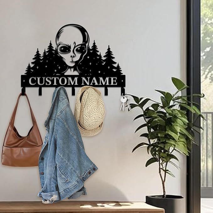Personalized Custom Alien ET Metal Wall Keys Hooks,Clothes Hooks Alien ET Art Coat Racks,Door Holder,Black Alien ET Decorations for Home,Entrance Doors,Hallway, Bedroom,Keys,Hats (Style B)