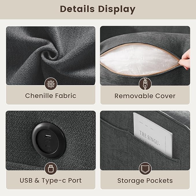 PARKOL 99" L-Shaped Sectional Couch with Storage, Sofa with Reversible Chaise, USB Type-C Charging, Chenille Fabric, Removable Cushion Covers, for Small Space, Apartment, Living Room, Dark Gray