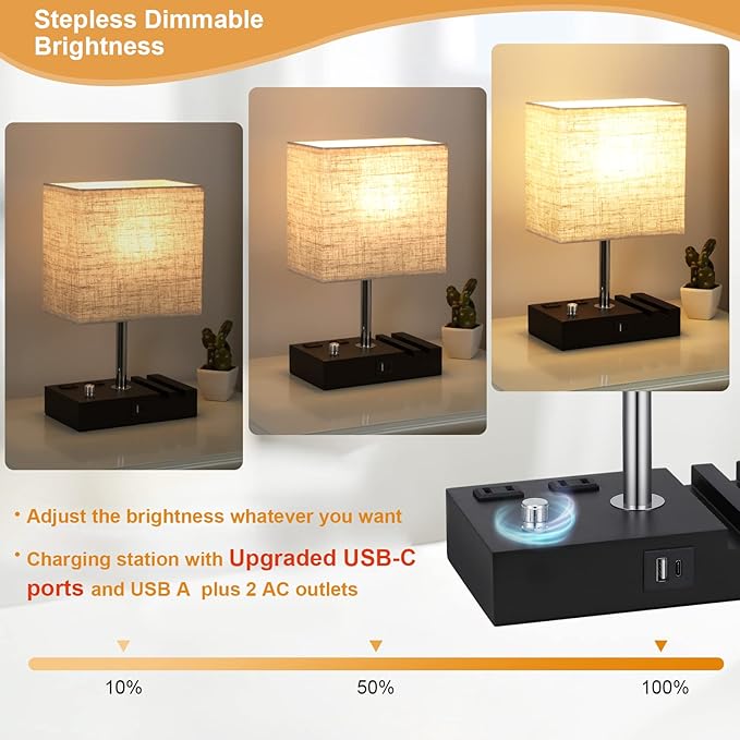 Kakanuo Table Lamp for Bedroom with Dual USB Ports, Beige Fully Dimmable Bedside Lamp with Phone Stands and 2 Charging Outlets, Desk Lamp for Nightstand and Living Room, LED Bulb Included