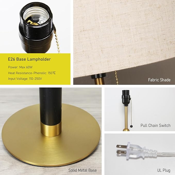 18.9" Bedside Lamps Set of 2 Small Vintage Table Lamp for Bedroom Nightstand Lamp for Living Room 3-Color Temperatures Pull Chain Wood Fabric for Home Office Dorm Decor (Light Brown+Brass)