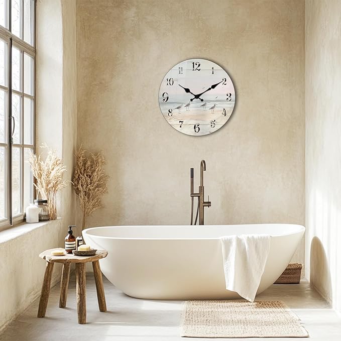 Small Coast Wall Clock for Bedroom Decor - 10 Inch Round Rustic Wooden Wall-Clocks Silent Non-Ticking Clock for Farmhouse, Bedroom Battery Powered