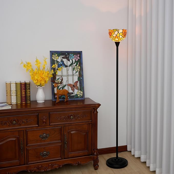 Tiffany Floor Lamp Tochiere Standing Lamp Yellow Sunflower Style Stained Glass Floor Light Vintage Tall Pole Uplight Corner Lamp with Foot Switch for Home Decor Living Room Bedroom