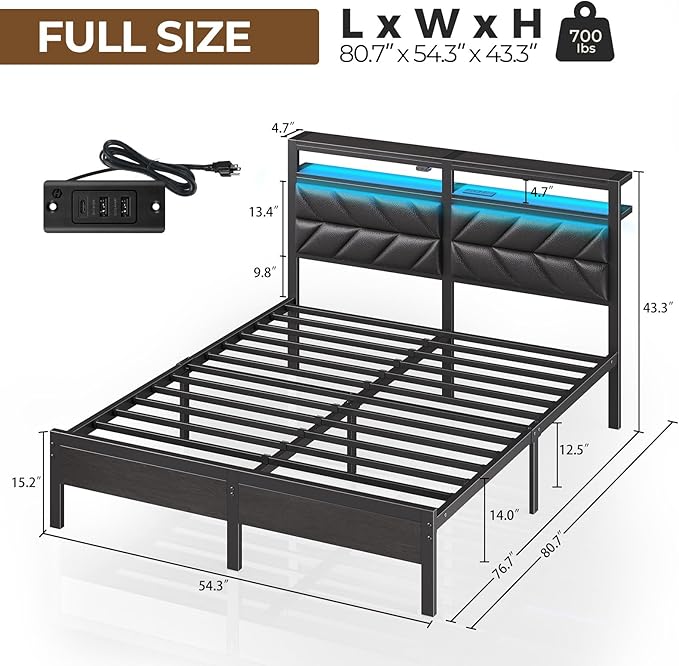Seventable Full Size Bed Frame with Charging Station & LED Lights, Upholstered Headboard with 2-Tier Storage Shelves, Metal Platform with Under Bed Storage, No Box Spring Needed, Easy Assembly, Black