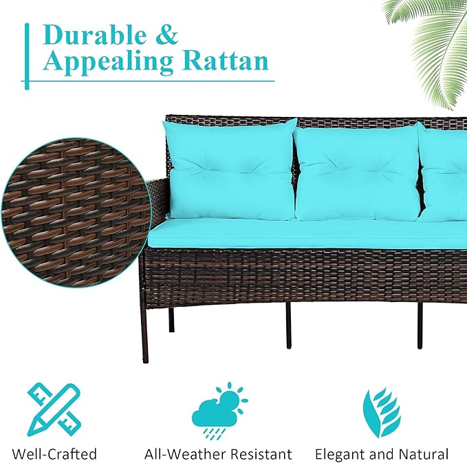 Tangkula 3 Pieces Patio Conversation Set, Outdoor PE Rattan Wicker Furniture Set W/Cozy Cushions, All Weather Sectional Sofa Set W/Tempered Glass Coffee Table for Poolside, Backyard, Garden