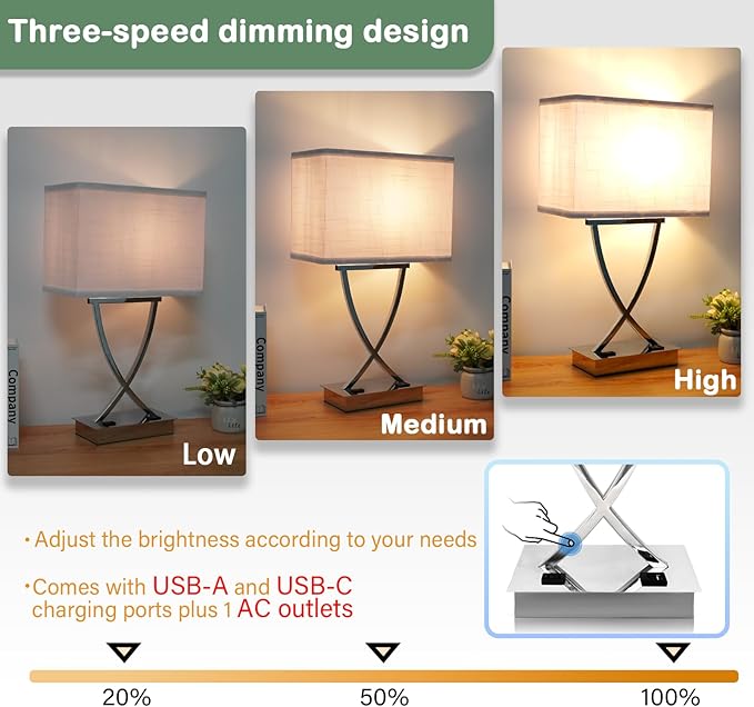 21.38" Table Lamp for Bedroom Living Room 3-Way Dimmable Touch Control Medium Chrome Bedside lamp with USB A+C Ports，Nightstand Lamp with White Linen Shade Bulb Included (White-Chrome)