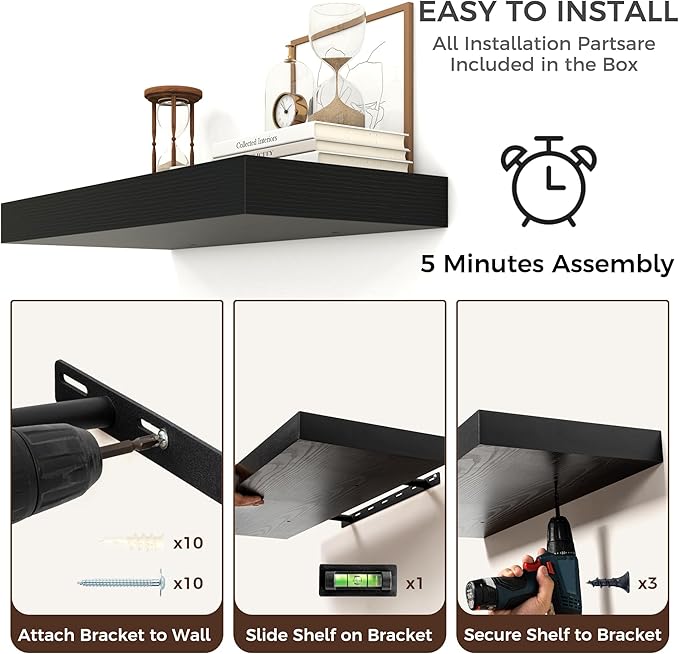 Floating Shelves for Wall, 36 Inch Wide x 12 Inch Deep Floating Shelves, Long Wood Floating Wall Shelf Shelves for Living Room Bathroom Bedroom Kitchen Home - (Black, 36" W x 12" D x 2" H)