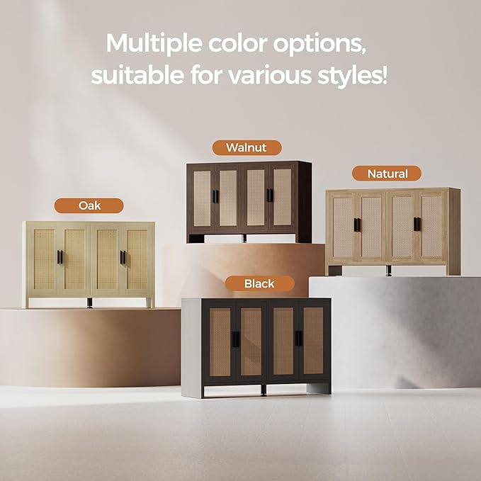 Mericonia Rattan Buffet Cabinet with Storage, Sideboard with Doors, TV Stand, Farmhouse Side Board Coffee Bar, Modern Wood Storage Cabinets for Livingroom, Kitchen and Dining Room (Oak)