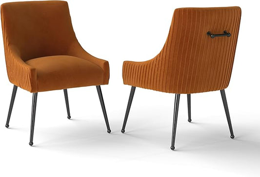 Velvet Dining Chairs Set of 2,Orange Upholstered Living Room Chairs with Black Metal Legs, Modern Tufted Accent Chairs for Living Room, Study Room, Kitchen