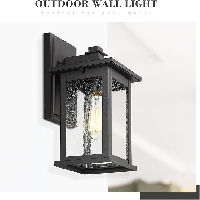 Emliviar Outdoor Wall Sconce, 1-Light Exterior Wall Lantern in Black Finish with Clear Seeded Glass, OS-1803EW1