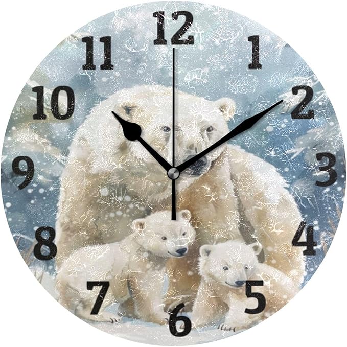 Wall Clock Polar Bear Silent Non Ticking Wall Clock Decorative Battery Operated Wall Clocks for Home Kitchen Bedroom Living Room Office