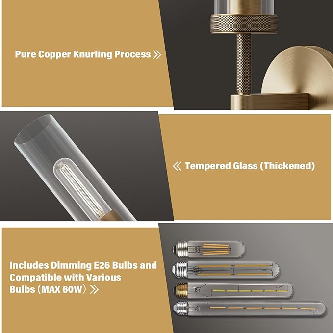 14" Bathroom Vanity Wall Sconces, Gold Wall Sconces Set of Two,Glass Tube Sconces Wall Lighting Indoors,Wall Lights for Mirror, Living Room, Bedroom, Hallway