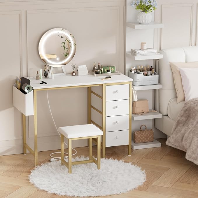 Gold Vanity Desk with Mirror and Light- Makeup Vanity Set Table with Chair, Storage, Lighted Mirror, 4 Large Fabric Drawers & Power Outlet, Dressing Table Vanities for Girls Bedroom