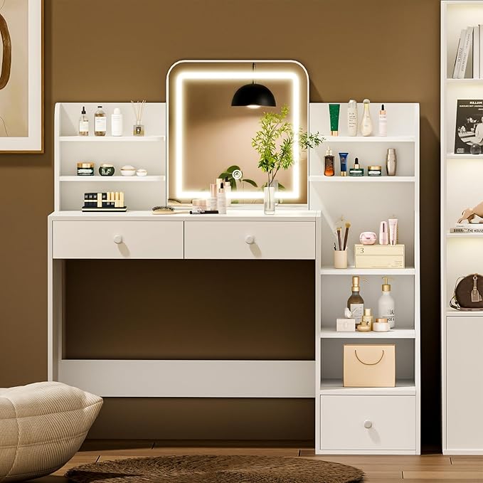 White Makeup Vanity Desk with LED Mirror & 5-Tier Sloped Shelves, 7 Open Storage Areas & 3 Drawers, Adjustable 3-Color Lighting Dressing Table