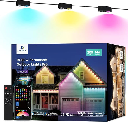 APPECK Permanent Outdoor Lights Pro 200ft, 144W RGBCW Eaves Lights with 144 LED Lights, 80lm, Cuttable, 111 Scene Modes, IP67 Waterproof Lighting for Christmas Decoration, Work with Alexa, Black